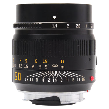 TTArtisan 50mm f1.4 Asph front view showing aperture scale and depth of field markings