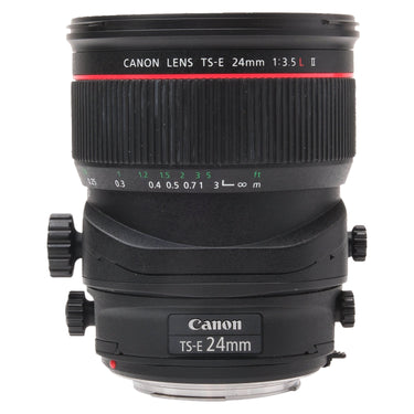 Canon TS-E 24mm f3.5 L II front standing view showing tilt-shift knobs and distance scale