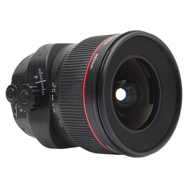Canon TS-E 24mm f3.5 L II angled front view with 82mm ring and tilt controls