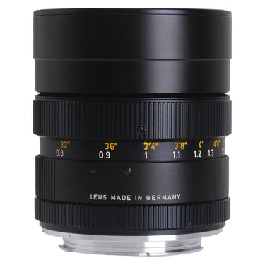 Leica 90mm f2.8 Elmarit-R side view showing distance scale and Lens Made in Germany marking