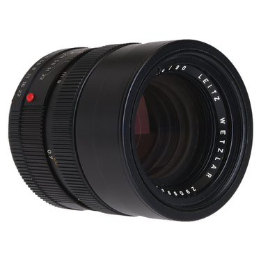 Leica 90mm f2.8 Elmarit-R front angled view with Leitz Wetzlar engraving and serial
