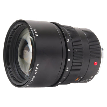 Leica 90mm f2 APO-Summicron-M Asph angled front view showing E55 filter thread
