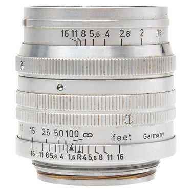 Leica 5cm f1.5 Summarit lens side view showing aperture and distance scales