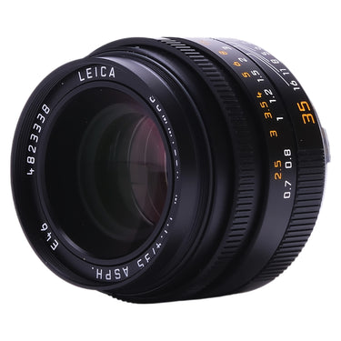 Leica 35mm f1.4 Summilux-M ASPH angled view showing front element and focus scale