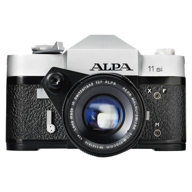 Alpa 11si silver film SLR front view with Kern Macro-Switar 50mm f1.9 lens