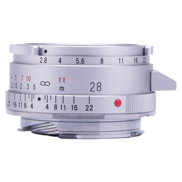 Voigtlander 28mm f2.8 Color-Skopar II silver lens side view showing aperture and depth of field scales