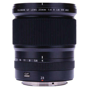 Fujifilm GF 23mm f4 R LM WR front view with barrel markings and aperture scale
