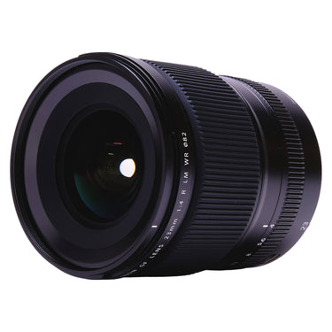 Fujifilm GF 23mm f4 angled front view showing barrel and aperture ring