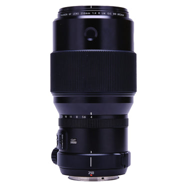 Fujifilm GF 250mm f4 upright front view showing lens name ring and tripod foot