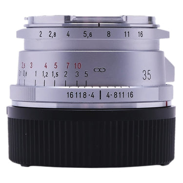 Voigtlander 35mm f2 Ultron silver side view showing aperture and depth of field scales