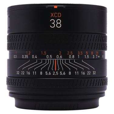 Hasselblad XCD 38mm f2.5 lens barrel front showing XCD 38 marking and distance scale