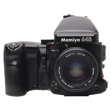 Mamiya 645 Pro TL front view with 80mm f2.8 lens and AE prism finder