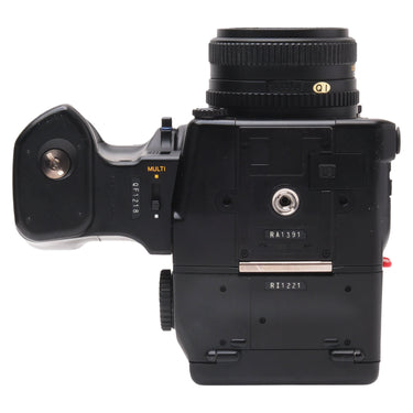 Mamiya 645 Pro TL side showing serial numbers RA1391, QF1218, RI1221 and tripod socket