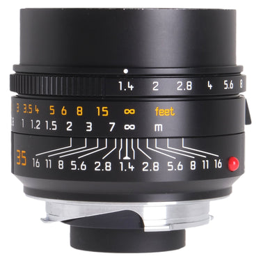 Leica Summilux-M 35mm f1.4 ASPH front view showing aperture ring and depth of field scale