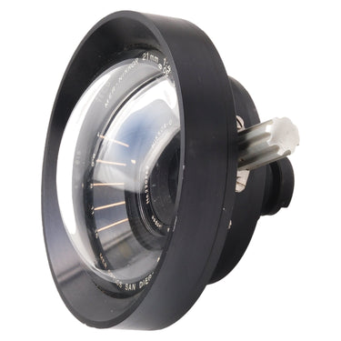 Nikon MER-Nikkor 21mm f4 angled front view with lens markings and drive gear