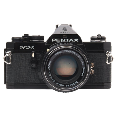 Pentax MX black 35mm film SLR front view with SMC Pentax-M 50mm f1.7 lens