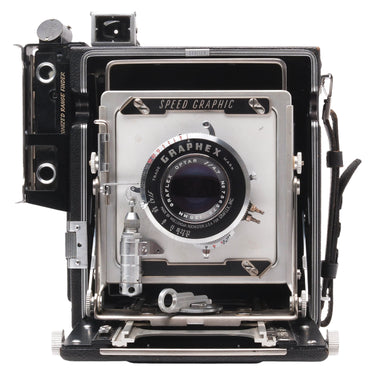 Graflex Speed Graphic front view with 135mm f4.7 Graphex Optar lens and shutter dial