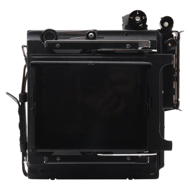 Graflex Speed Graphic rear view showing ground glass focusing screen and viewfinder