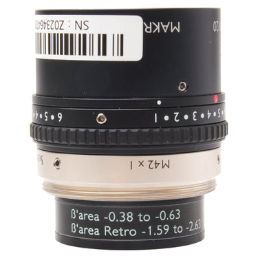 Schneider Makro-Symmar 120mm rear view showing M42x1 mount and inventory label