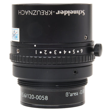 Schneider Kreuznach Makro-Symmar 120mm lens rear mount view with serial markings and iris control knob
