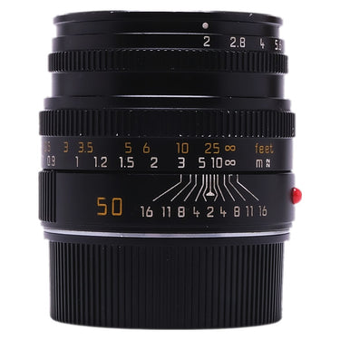 Leica 50mm f2 Summicron-M side view showing aperture scale and depth of field index