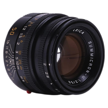 Leica Summicron-M 50mm angled front view showing front glass and lens markings