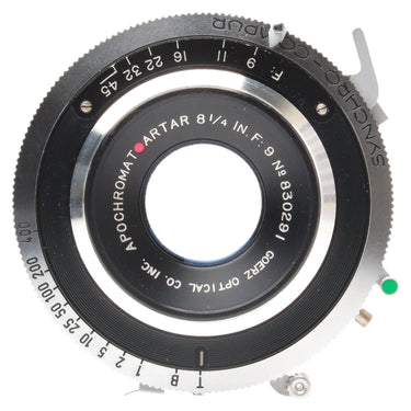 Goerz Apo Artar 8.25in f9 front cell engraving with red dot and aperture scale