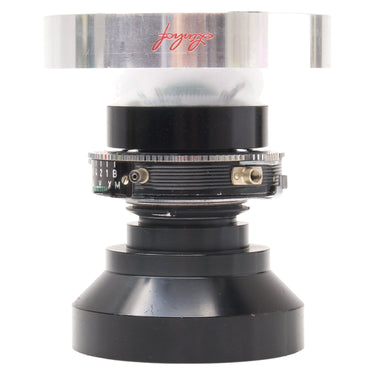 Schneider Super-Angulon 90mm f8 side view showing shutter controls mounted on a Linhof lens board