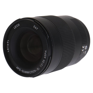 Leica APO-Summicron-SL 35mm f2 lens angled front view showing name ring and front glass