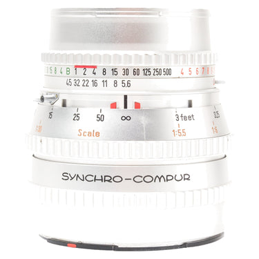 Hasselblad C 120mm f5.6 S-Planar front barrel showing Synchro-Compur shutter speed and aperture scales