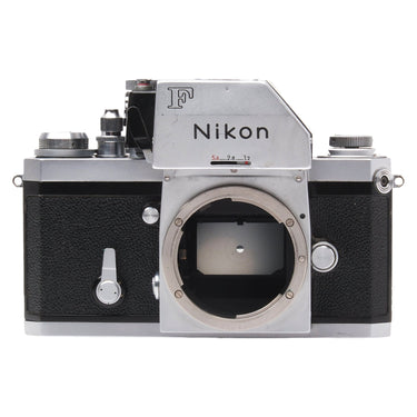 Nikon F front view with bare lens mount and FTn meter prism finder