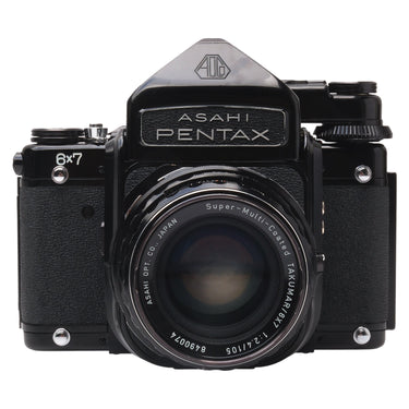 Pentax 6x7 front view with Asahi Pentax TTL prism and 105mm f2.4 SMC Takumar lens