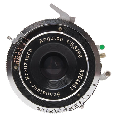 Schneider 90mm f6.8 Angulon front view showing engraving and aperture scale