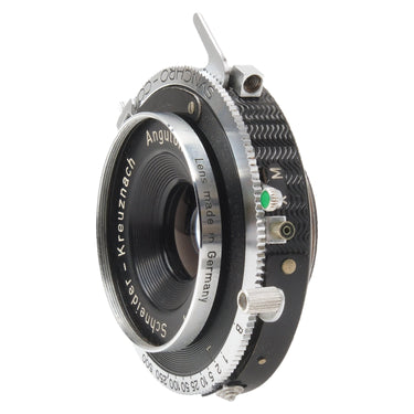 Schneider Angulon side view showing M-X sync lever and Lens made in Germany marking