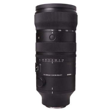 Sigma 70-200mm f2.8 DG DN OS Sports lens standing upright showing zoom scale and aperture markings