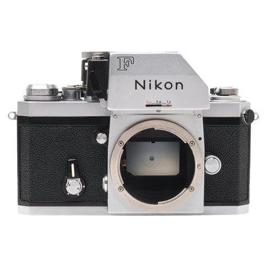 Nikon F Apollo front view with lens mount open and FTn meter prism finder mounted