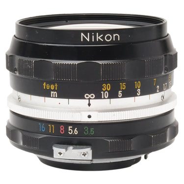 Nikon Nikkor-H.C 28mm f3.5 front view showing Nikon nameplate, distance and aperture scales