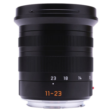 Leica Super-Vario-Elmar-TL 11-23mm front view with hood mounted and 11-23 zoom scale