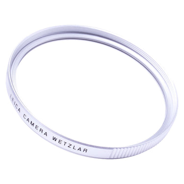 Leica UVa II E60 silver UV filter, angled front view showing Leica Camera Wetzlar engraving