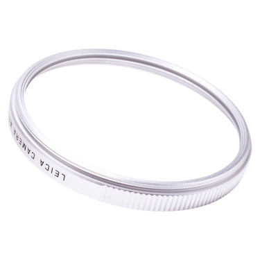 Leica UVa II E60 silver UV filter, angled view of knurled edge and filter threads