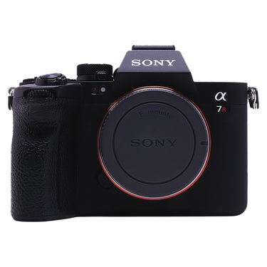 Sony Alpha 7R V front view with E-mount body cap fitted