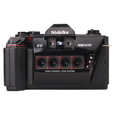 Nishika N8000 3D front view with four 30mm Quadra lens system and viewfinder