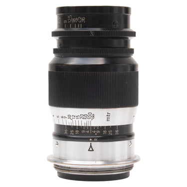 Leica 9cm f4 Elmar black lens, side view showing aperture scale and focusing barrel