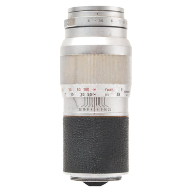 Leica 135mm f4 Elmar side view showing aperture and distance scales