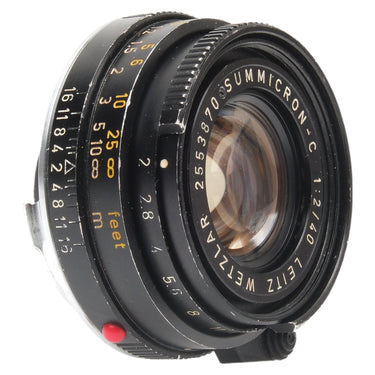 Leica 40mm f2 Summicron-C front three-quarter view showing name ring and focus scale