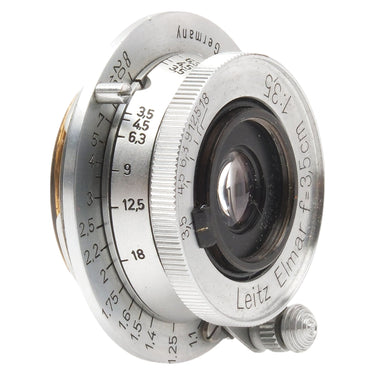 Leica 3.5cm f3.5 Elmar front three-quarter view showing front glass and focus scale