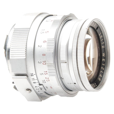 Leica 50mm Summicron Dual Range angled front view showing front glass