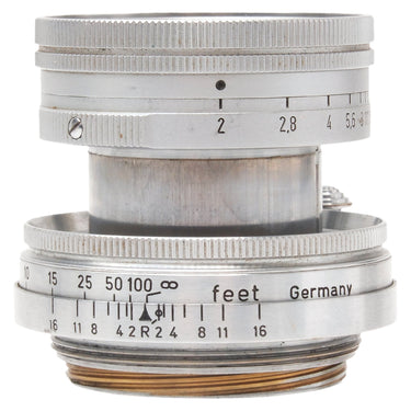Leica 5cm f2 Summicron side view showing aperture and distance scales