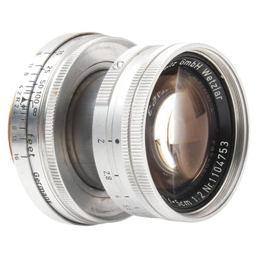 Leica 5cm f2 Summicron angled front view with lens extended