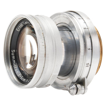 Leica 5cm f2 Summicron three-quarter view showing front glass and focus barrel
